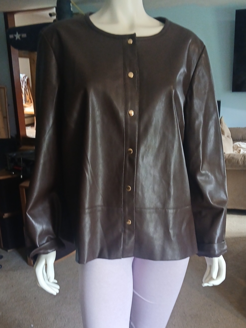 EUC Chicos Brown Faux Leather Gold Tone Snap Ups  Jacket. Size 3
